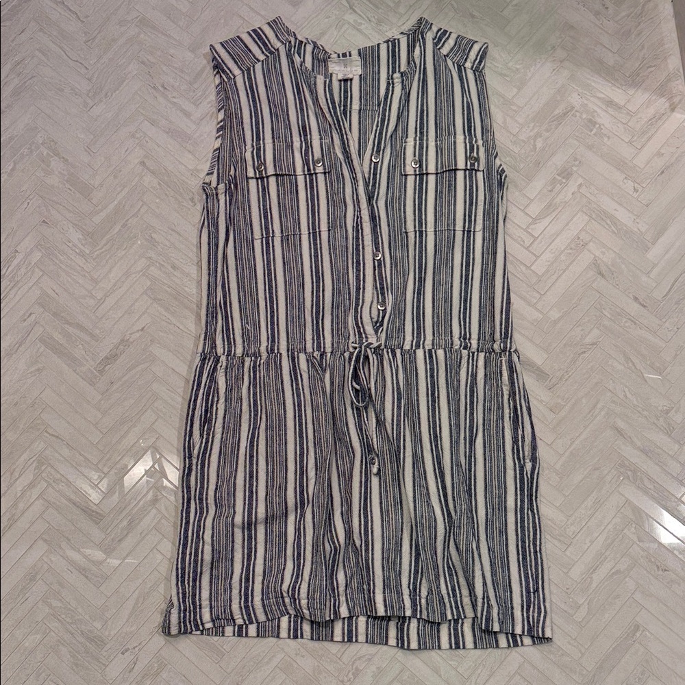 Caslon Cotton Linen Striped Sleeveless Drawstring Waist Dress - Blue & White